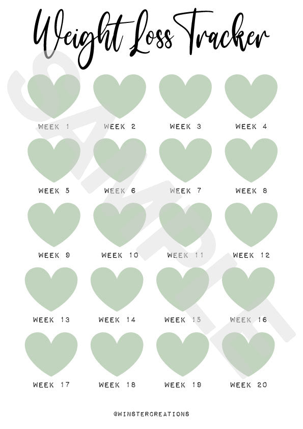 Personalised Weight Loss Tracker Sage Green Heart 20 Week Countdown A4 Weight Loss Diet Slimming Chart Tracker Print-4