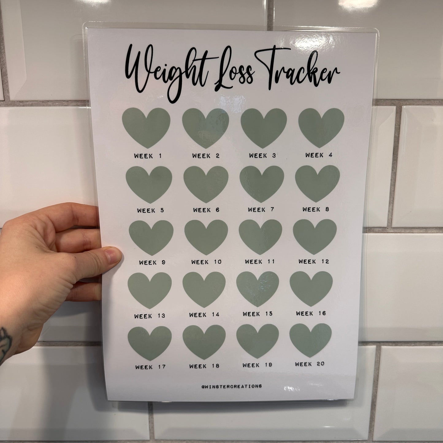 Personalised Weight Loss Tracker Sage Green Heart 20 Week Countdown A4 Weight Loss Diet Slimming Chart Tracker Print-1