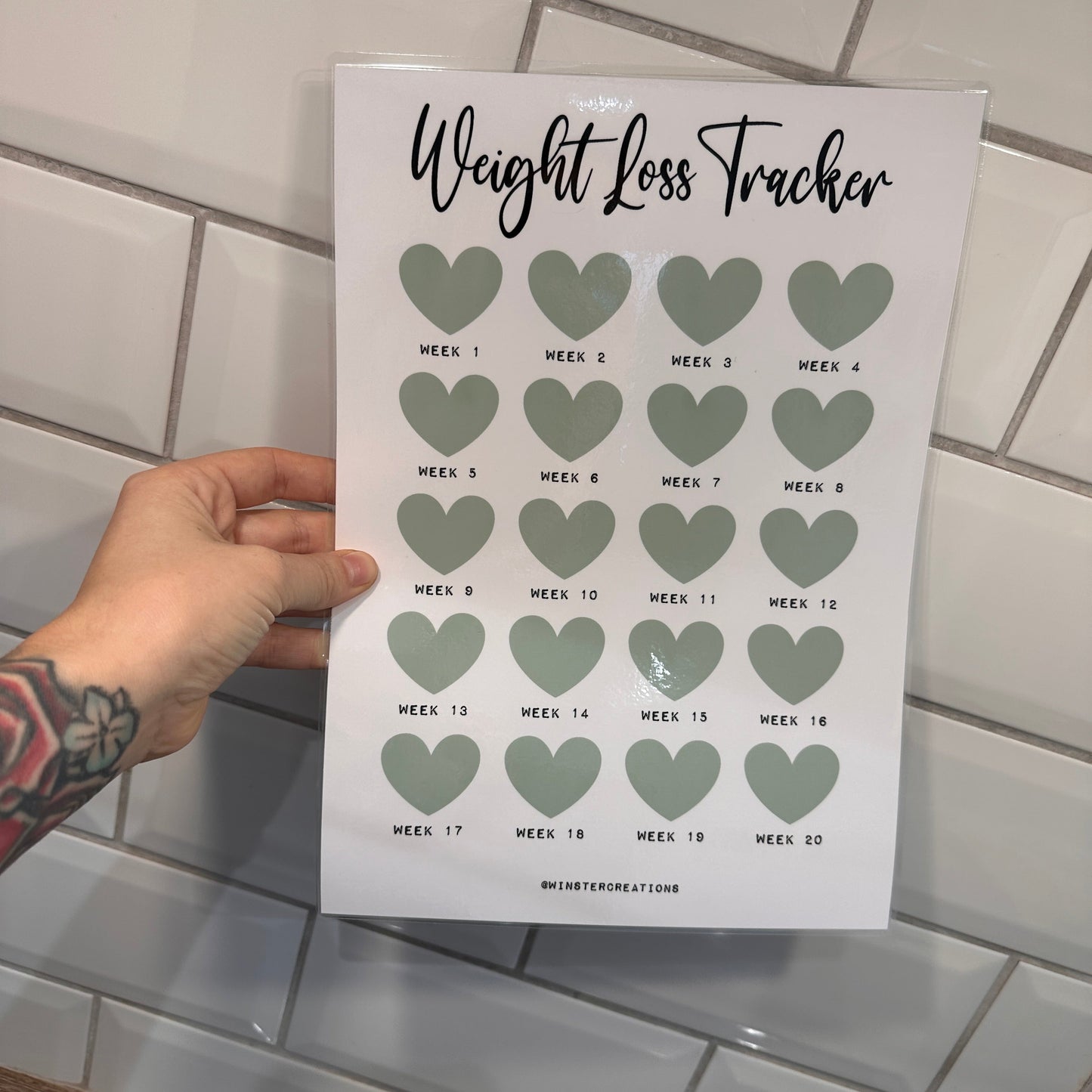 Personalised Weight Loss Tracker Sage Green Heart 20 Week Countdown A4 Weight Loss Diet Slimming Chart Tracker Print-2