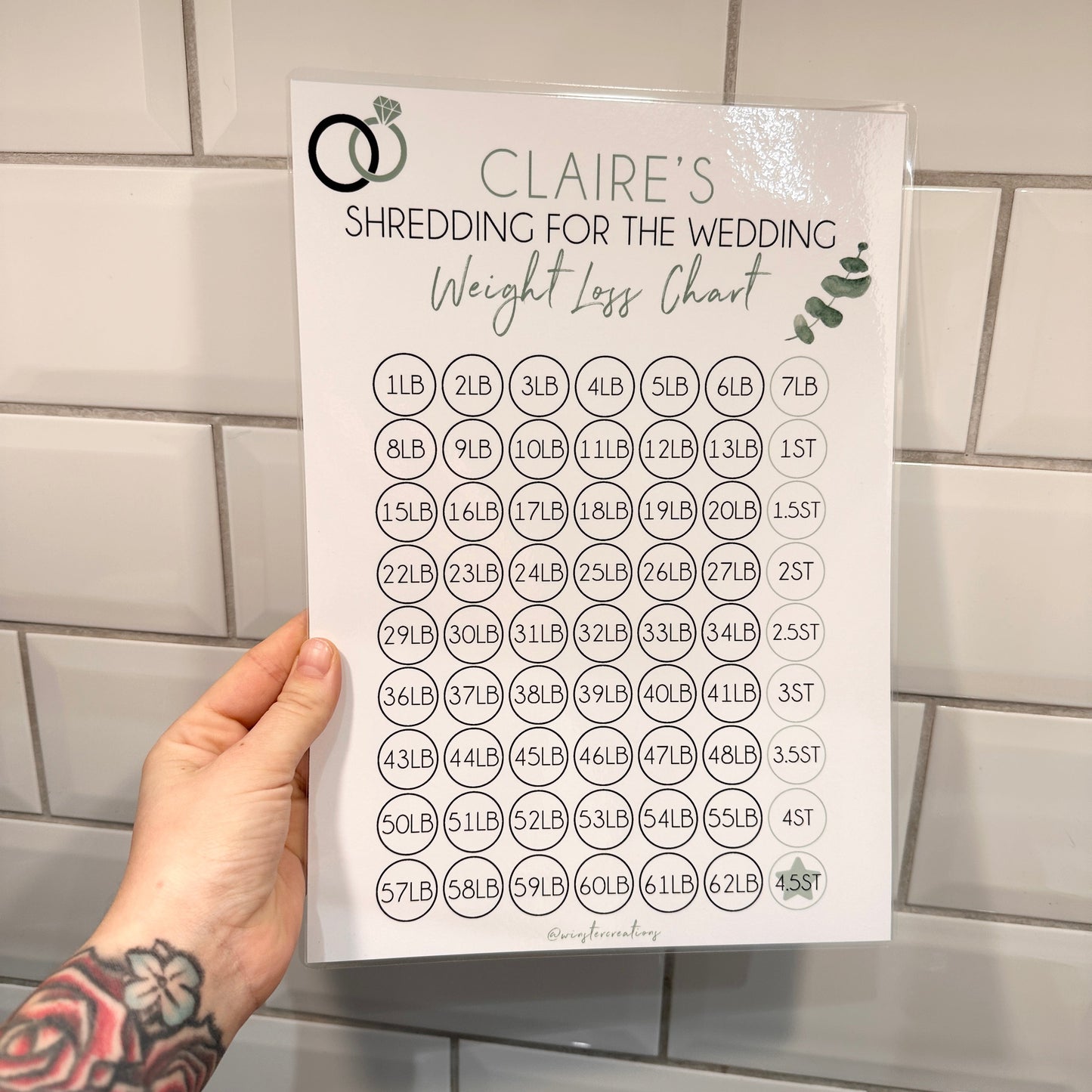 Personalised A4 Name Shredding For The Wedding Eucalyptus Sage Green Weight Loss Chart Tracker Print - st. lb Units - Laminated With Stars-0