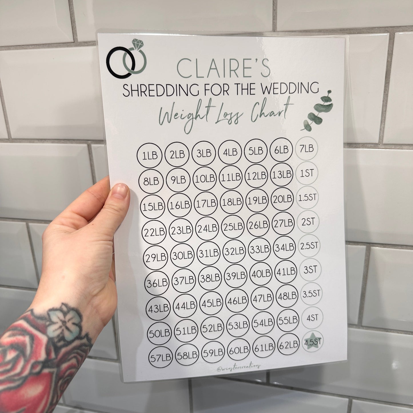 Personalised A4 Name Shredding For The Wedding Eucalyptus Sage Green Weight Loss Chart Tracker Print - st. lb Units - Laminated With Stars-1