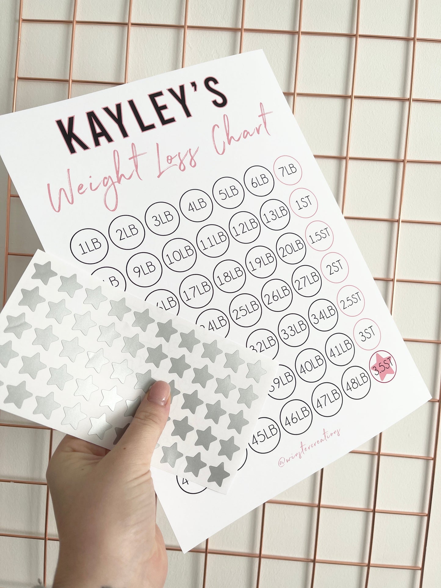 Personalised A4 Pink & Black Weight Loss Chart Tracker Print - st. lb Units - Laminated With Stars-3
