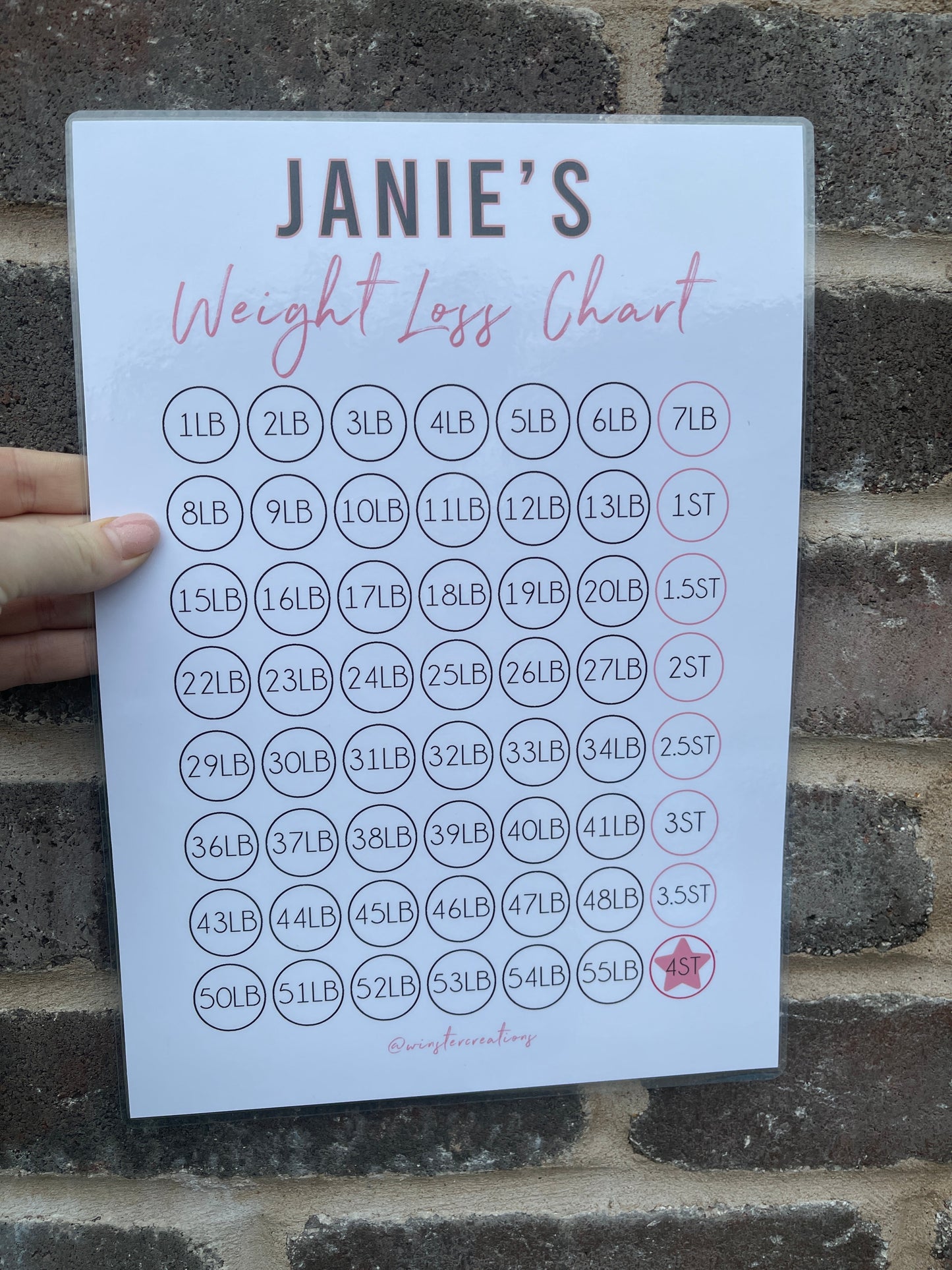 Personalised A4 Pink & Black Weight Loss Chart Tracker Print - st. lb Units - Laminated With Stars-1