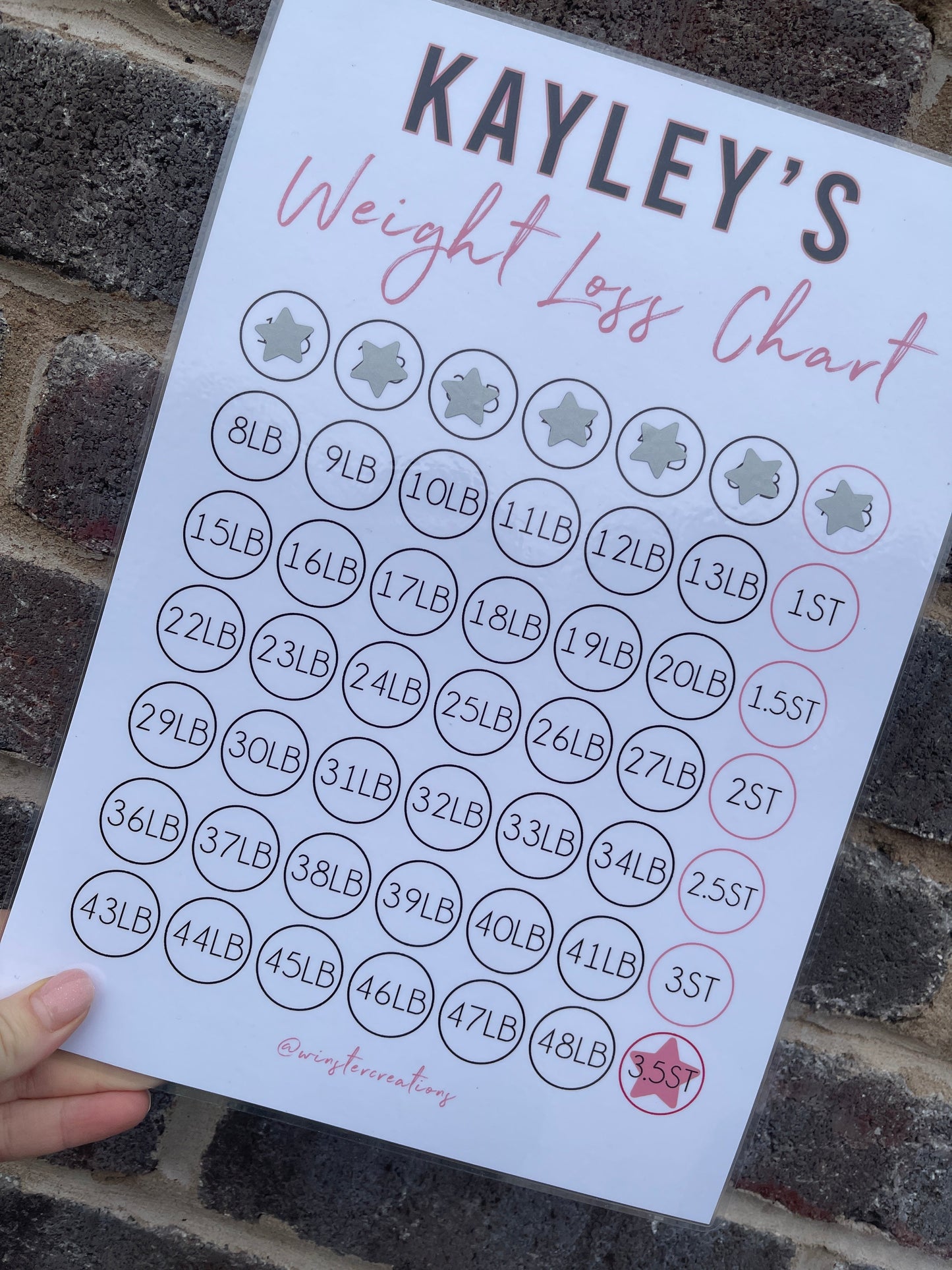 Personalised A4 Pink & Black Weight Loss Chart Tracker Print - st. lb Units - Laminated With Stars-4