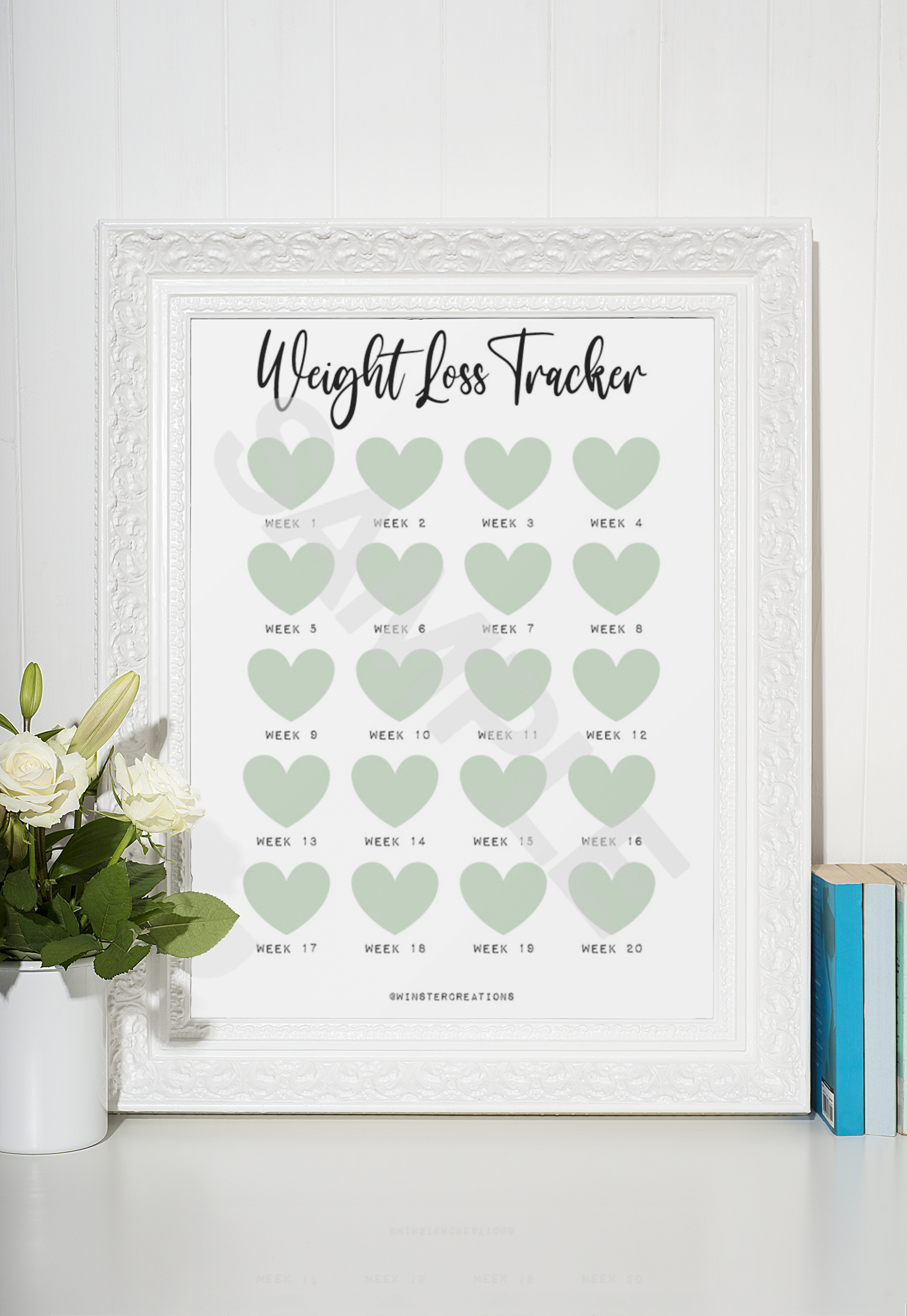 Personalised Weight Loss Tracker Sage Green Heart 20 Week Countdown A4 Weight Loss Diet Slimming Chart Tracker Print-3