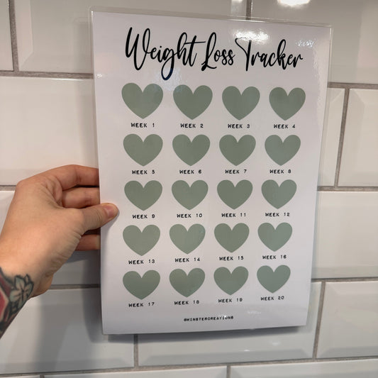 Personalised Weight Loss Tracker Sage Green Heart 20 Week Countdown A4 Weight Loss Diet Slimming Chart Tracker Print-0