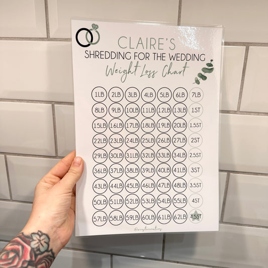 Personalised A4 Name Shredding For The Wedding Eucalyptus Sage Green Weight Loss Chart Tracker Print - st. lb Units - Laminated With Stars-0